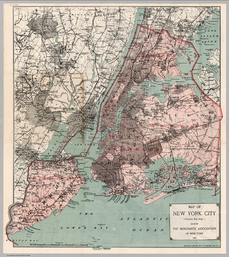 A map of the “Greater New York” issued by the Merchants Association of New York in 1897.