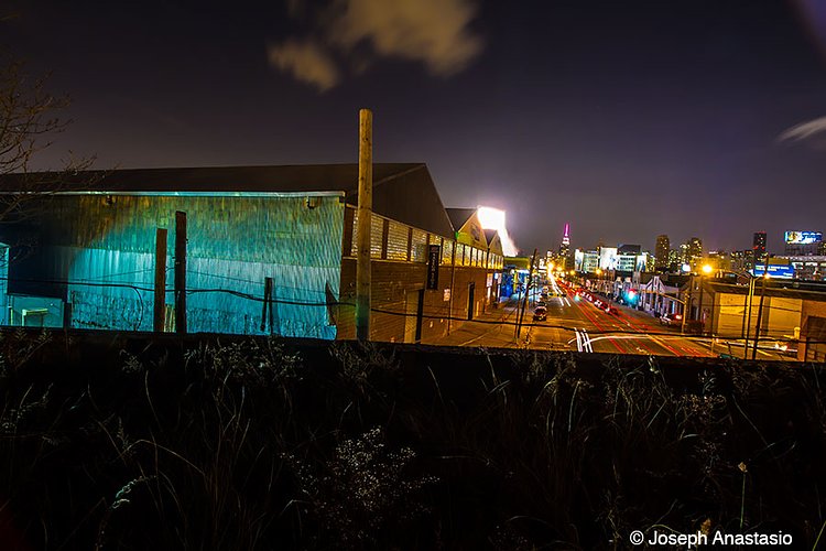 Looking west over Borden, former Montauk Steel warehouses to the left