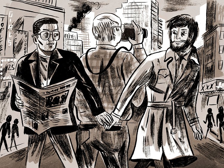 Times Square, 1981. Rival pickpockets exchange an amorous glance as their hands fortuitously meet inside the pocket of a shared mark.