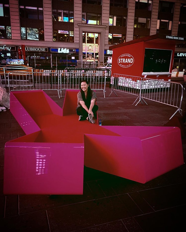 It's 3am and I'm sitting in a big pink X in the middle of #TimesSquare. #TSqXXX @tsqarts