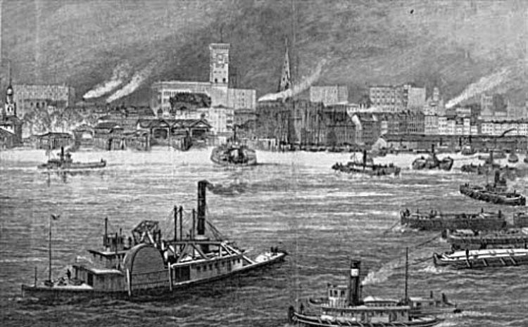 View of New York City Harbor with the Staten Island ferry(far left).  The South ferry (right).  Photo from September 27th 1884.