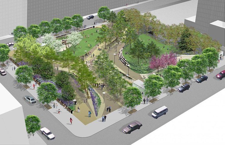 A rendering of Willoughby Square, the park that will replace 217 Duffield Street.