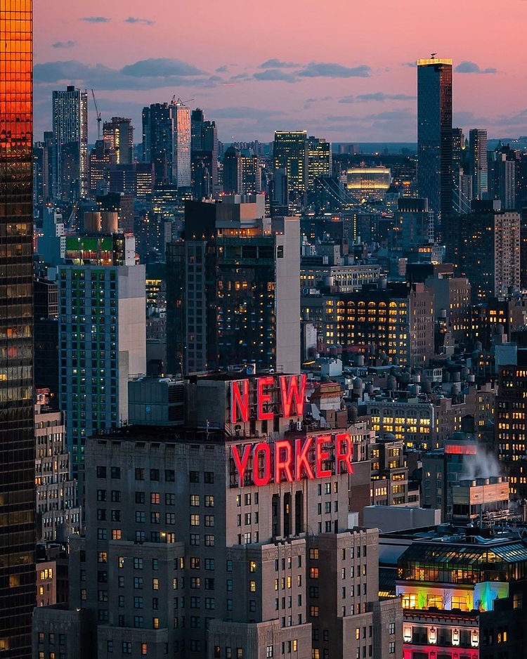 Sunset over New Yorker Hotel, Midtown, Manhattan