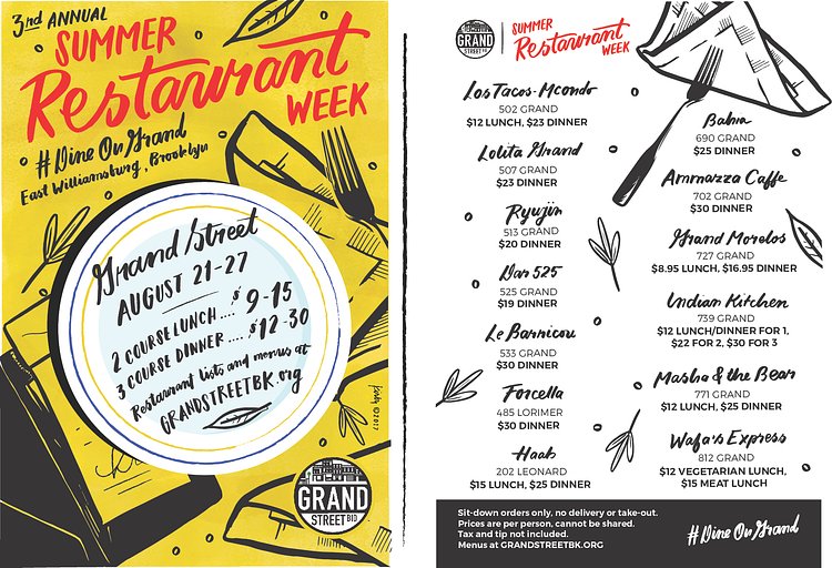Williamsburg's Grand Street Restaurant Week, August 21th-27th, 2017.
