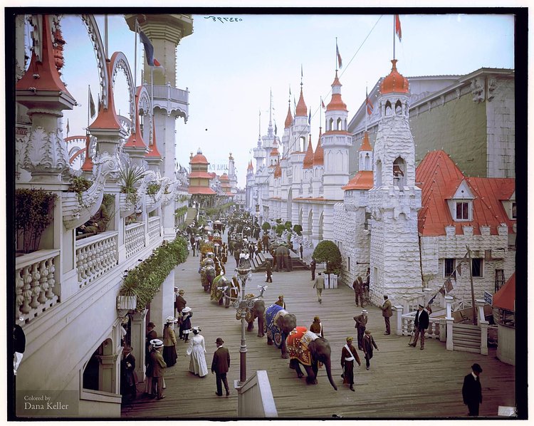 Elephants in Luna Park, the promenade, Coney Island, New York circa 1907 (colorized by Dana Keller)