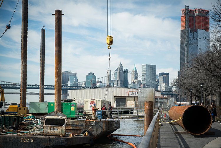 Mayor Bill de Blasio and community leaders celebrate the start of construction on the Lower East Side’s new NYC Ferry landing