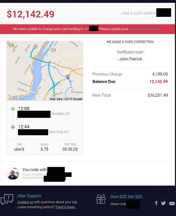 "Uber tried to charge my girlfriend over $12k for a 35 minute ride."