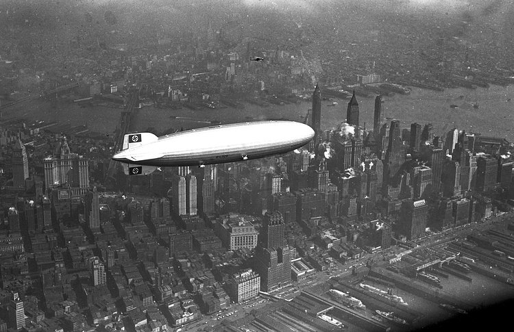 The German zeppelin Hindenburg flies over Manhattan on May 6, 1937.