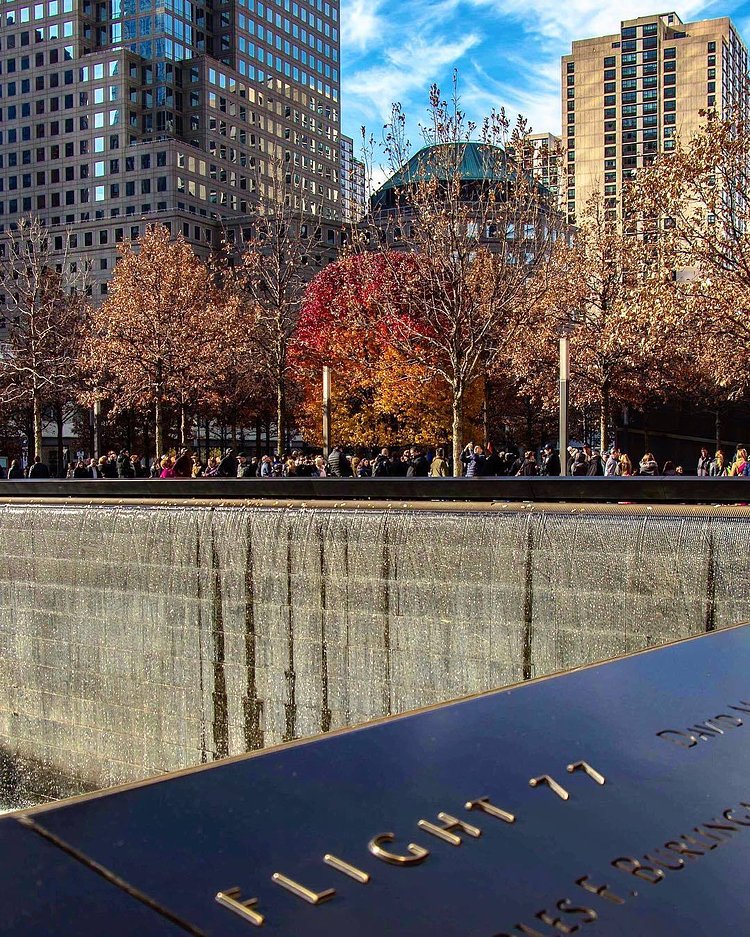 The beautiful, inspiring Survivor Tree stands in it’s Autumn glory ❤️🍁🍂 This is the waterfall where World Trade Center 2 once stood.  A Callery pear tree became known as the "Survivor Tree" after enduring the September 11, 2001 terror attacks at the World Trade Center. In October 2001, the tree was discovered at Ground Zero severely damaged, with snapped roots and burned and broken branches. The tree was removed from the rubble and placed in the care of the New York City Department of Parks and Recreation. After its recovery and rehabilitation, the tree was returned to the Memorial in 2010. New, smooth limbs extended from the gnarled stumps, creating a visible demarcation between the tree’s past and present. Today, the tree stands as a living reminder of resilience, survival and rebirth.