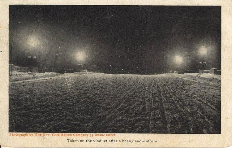 1908 Snow at night on Riverside Drive Viaduct photo NY Edison Co.