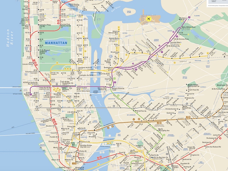 NYC Subway map with no 4,5,6,A,C,E,B,D,F,M lines due to delays and/or construction (screenshot)