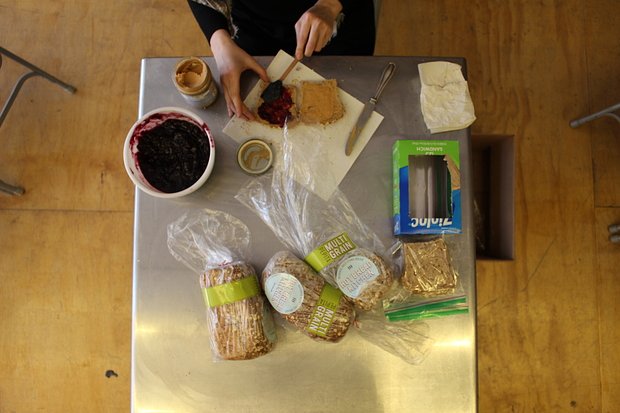 During her trials, Olah used mass market peanut butter, jelly and bread but opted to use organic and locally sourced ingredients for the final installation.