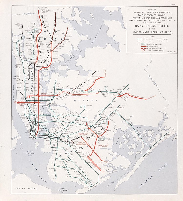 Map of the 1968 plan to build the Second Ave subway.