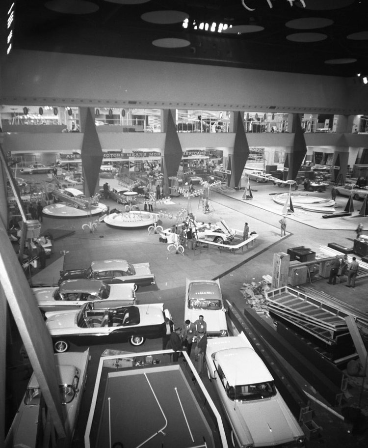 The finishing touches being applied to the 42nd National Automobile Show at the New York Coliseum.