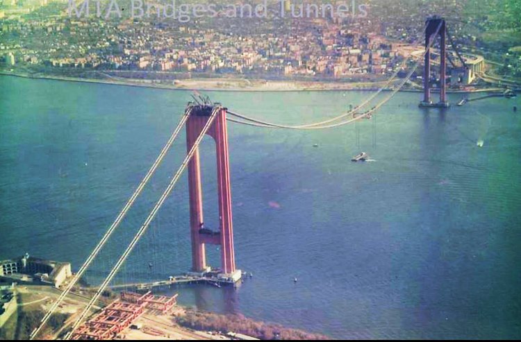 Verrazzano-Narrows Bridge under construction, Staten Island and Brooklyn, 1963