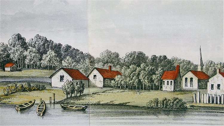 The Harlem waterfront as it appeared in 1765. The steeple of the Reformed Low Dutch Church can be seen at the far right. Just below are what appear to be headstones.