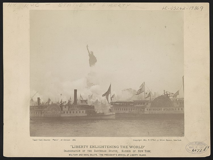 Liberty enlightening the world--Inauguration of the Bartholdi Statue, Harbor of New York--Military and naval salute, the President's arrival at Liberty Island, ca. 1886.