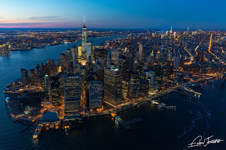Aerial view of lower Manhattan at dusk