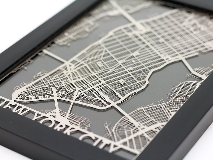 New York City Stainless Steel Laser Cut Map - 5x7 Framed