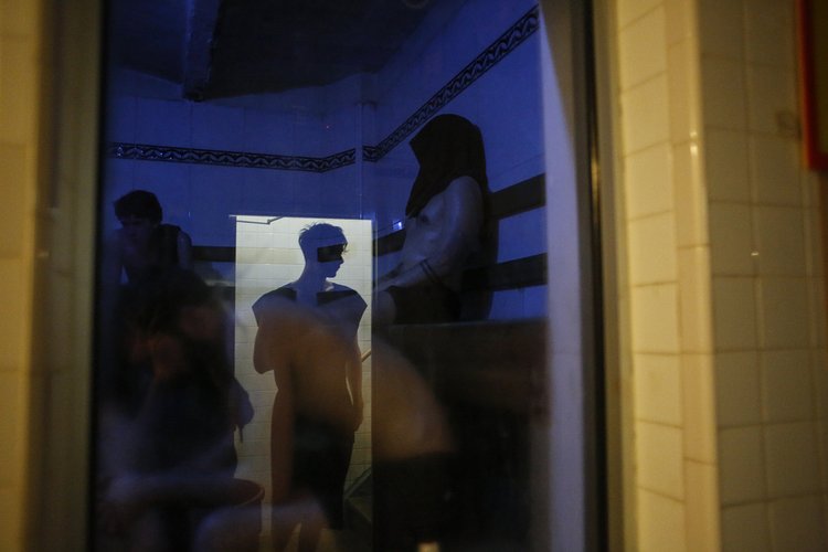 Mr. Valleau outside the Turkish steam room, which is heated to 140 degrees.