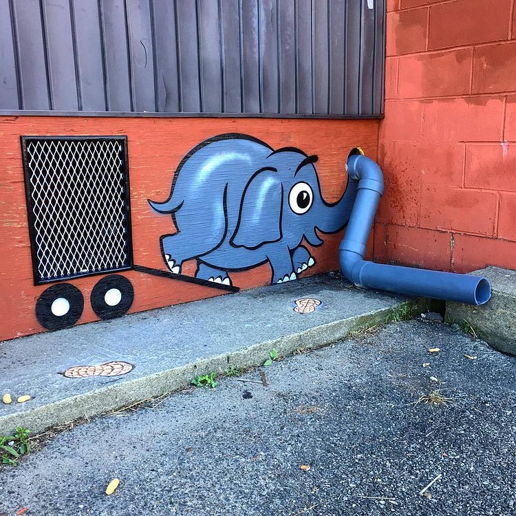 ELEPHANT 🥜🐘#uncaged #ontherun 127 #rodney #french #blvd #newbedford #massachusetts #streetart #tombobnyc #elephant #🐘#stencil #drainpipe #elephanttrunk #airvent #cage #nbma #peanuts #🥜#freedom #tombob