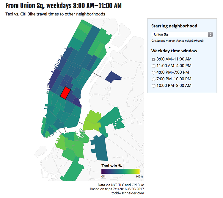Screenshot of interactive data visualization that compares transit times of a NYC taxi vs Citi Bike for your starting location, ending location, and time of day.