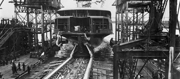The launching of the ferry boat Miss New York, circa 1938.