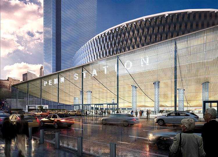 Redeveloped Penn Station Exterior: View from 8th Avenue | A friendly, negotiated condemnation and removal of the MSG Paramount Theater, creating the opportunity to construct an 8th Avenue grand entrance with concourse, retail and commercial space.