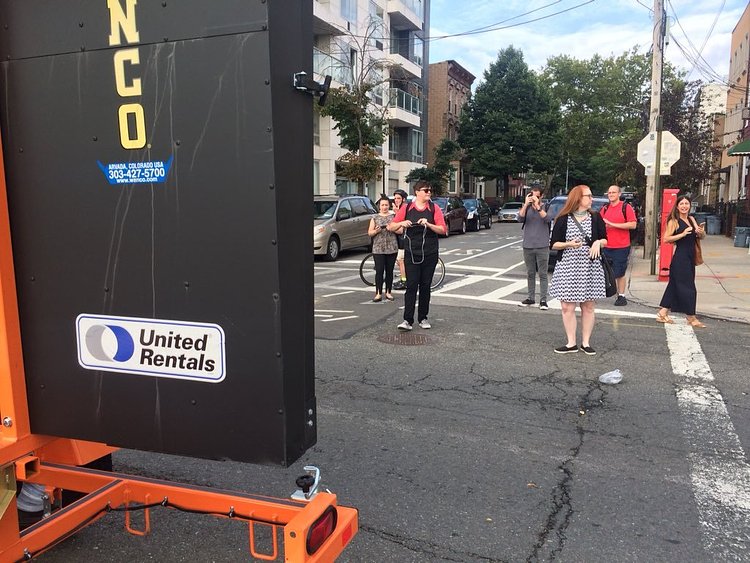 Everyone stopping at the base of the Pulaski this morning to get a snap of a traffic board that simply says “fuck Trump”