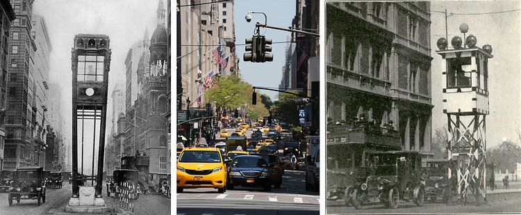 Left: a bronze traffic signal tower designed by Joseph H. Freedlander at 42nd Street and Fifth Avenue, 1922