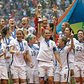 The United States Women's National Team celebrates with the trophy after they beat Japan in the FIFA Women's World Cup soccer championship, July 5, 2015, in Vancouver, Canada.