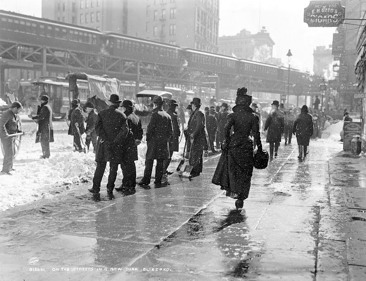 On the streets in a New York blizzard. Herald Square, 1899