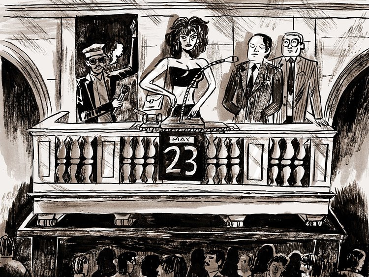 The New York Stock Exchange, Wall Street, 1979. A prostitute rings the bell to open trading at the New York Stock Exchange, before the gentrification of lower Manhattan. In the wings, Fab Five Freddy prepares to entertain the stockbrokers.