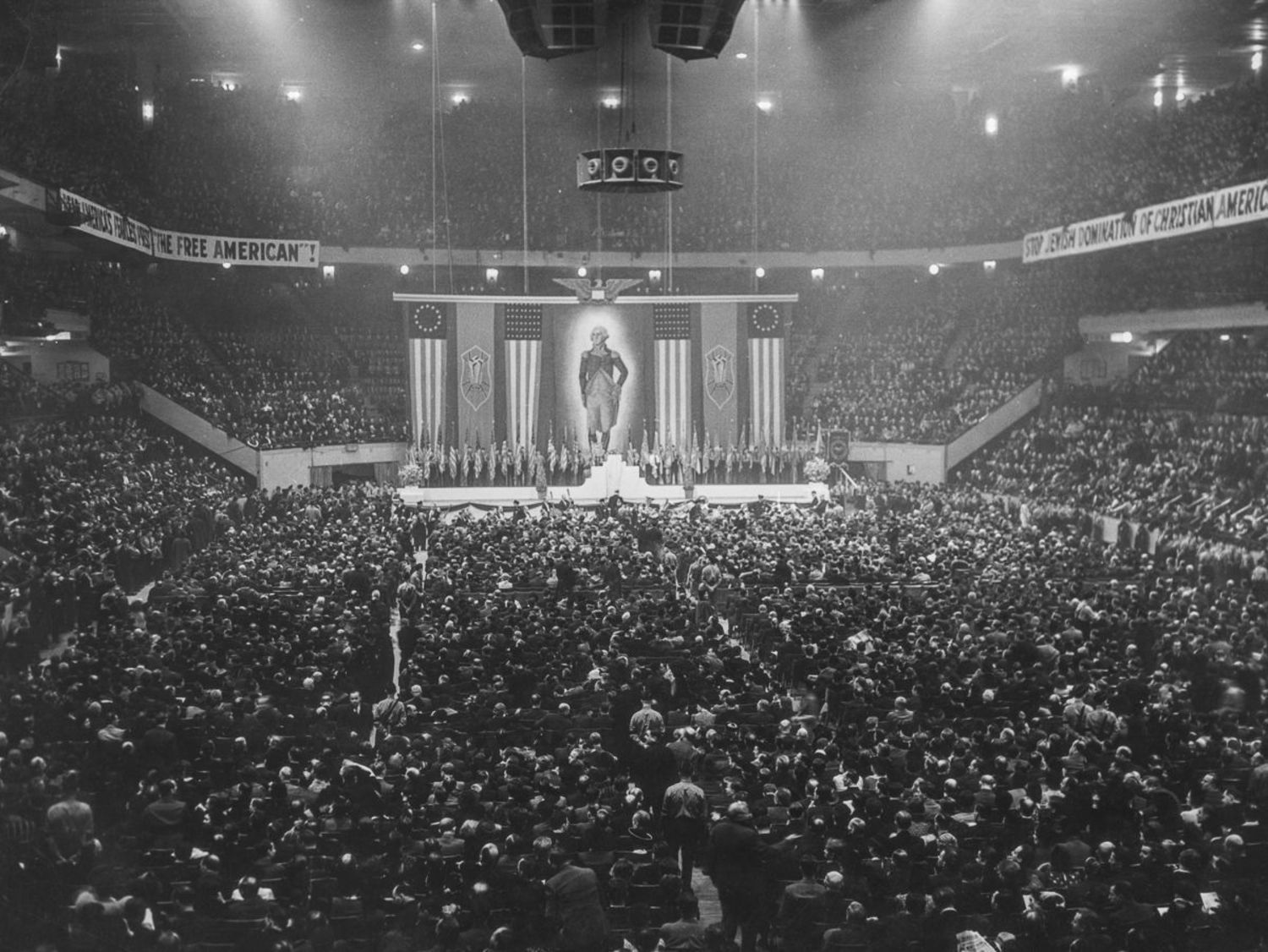 Feb. 20, 1939. Twenty-thousand attend a meeting of the German American Bund, which included banners such as "Stop Jewish Domination of Christian Americans."