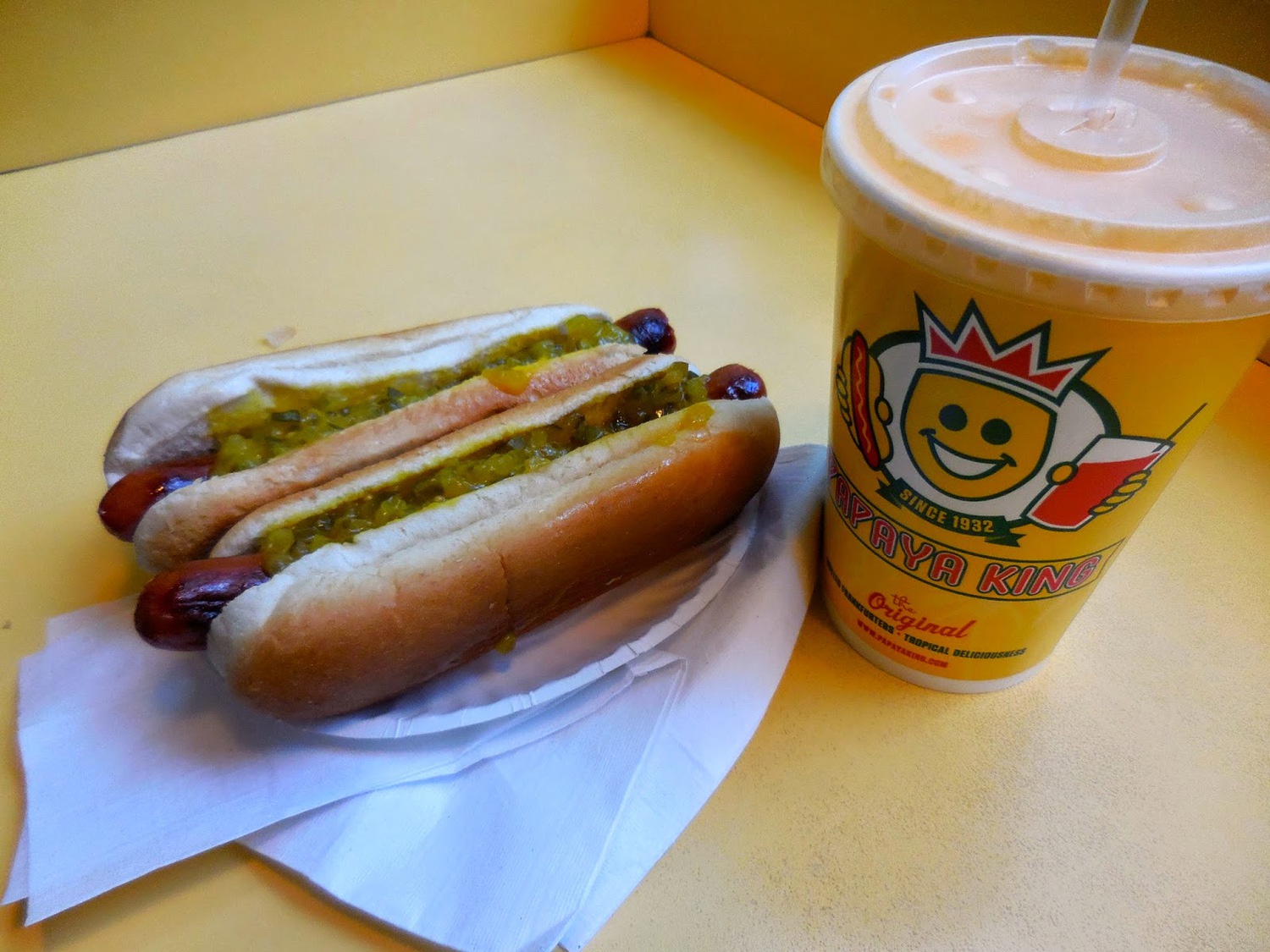 The "Recession Special":  Two dogs (with mustard and relish) and a 16-ounce papaya drink