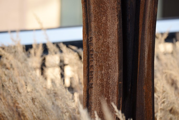 Bethlehem Steel | Detail of Marianne Vitale's <em>Common Crossings</em>, standing upright int the Korean feather-reed grass of the High Line's Meadow Walk at 24th street. You might find the name of Bethlehem Steel <a href="https://www.flickr.com/photos/horsepunchkid/8732525138/">elsewhere on the High Line</a>.