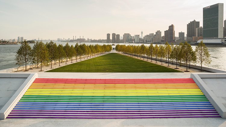 Rendering of NYC's Largest Pride Flag at Franklin D. Roosevelt Four Freedoms Park on Roosevelt Island.