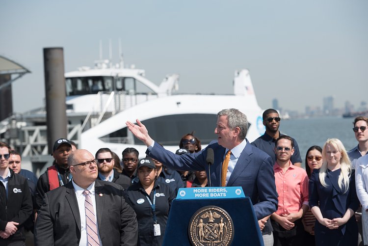 NYC Ferry announcement | Mayor Bill de Blasio announces an increase in service and vessels for NYC Ferry to meet the demand of a projected 9 million annual riders during a press conference at the Bay Ridge terminal in Brooklyn on Thursday, May 3, 2018. Michael Appleton/Mayoral Photography Office. 