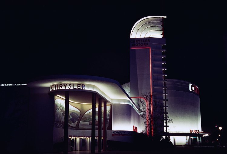 The Chrysler Pavilion lit up at night.