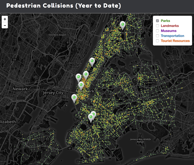 NYCROSSWALK interactive pedestrian collision map (screenshot)