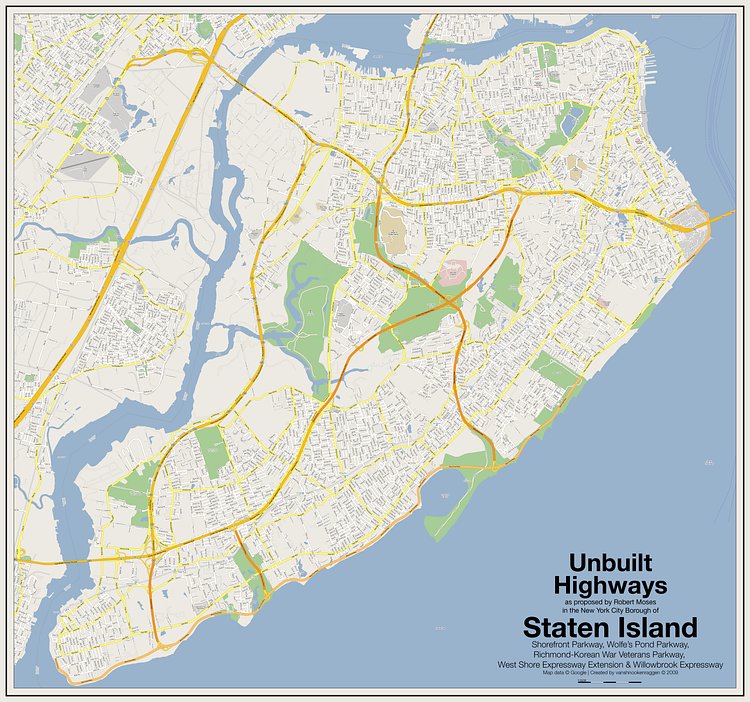 Unbuilt Highways of Staten Island | Unbuilt Highways as proposed by Robert Moses in the New York City Borough of Staten Island: Shorefront Parkway, Wolfe’s Pond Parkway, Richmond-Korean War Veterans Parkway, West Shore Expressway Extension &amp; Willowbrook Expressway 
Map data © Google | Created by vanshnookenraggen © 2009