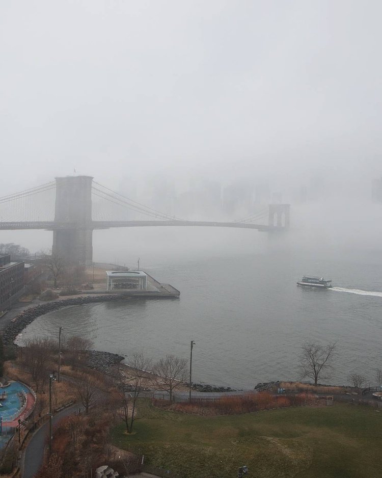 Lower Manhattan lost in the fog #BrooklynBridgePark