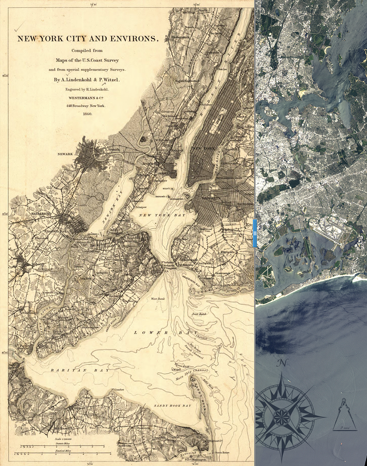 1860 New York City Map vs. 2013 NASA Satellite Photo