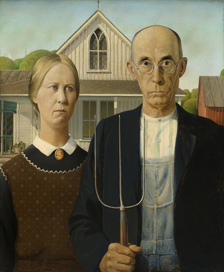 Grant Wood's American Gothic. On display at the Whitney Museum of American Art, March 2nd through June 10th, 2018