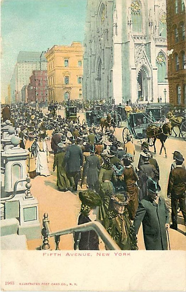 Let’s have a look at ritzy Fifth Avenue. All the postcards depict scenes from about 1900 – 1935. Fifth Avenue has a long association with wealth and privilege. Several of these postcards  capture the shifting tide of commercial intrusion into a neighborhood once dominated by  private residences. As we look over the avenue, the one thing you will notice is how much traffic, both pedestrian and vehicular, increased after the 1920’s.  We’ll start south and work our way north.