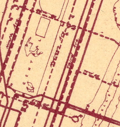 Detail shows proposed subway tracks on Third Avenue and existing elevated tracks on Third and Second.