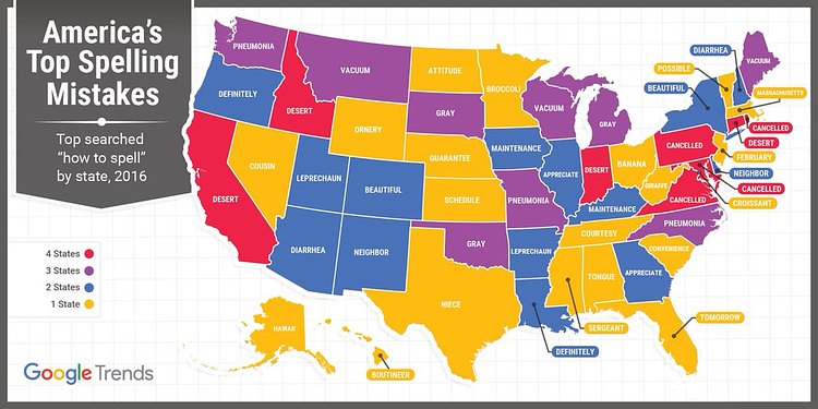 It's the #spellingbee finals! These are the top "how to spell" searches for words by state, mapped #dataviz https://t.co/rjXllJfOoE