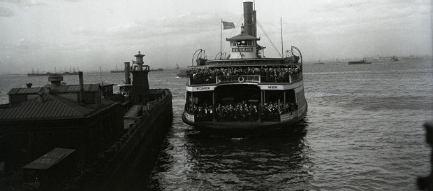 The Ferryboat Queens entering the slip on a windy day in St. George, circa 1921.