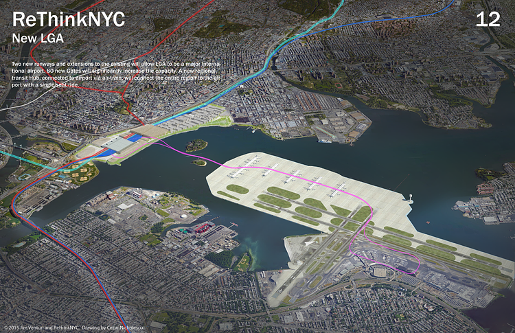 ReThinkNYC’s vision of a new La Guardia Airport which would get rid of about half of Port Morris (or more) and Riker’s Island in the process.