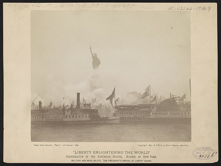 Liberty enlightening the world--Inauguration of the Bartholdi Statue, Harbor of New York--Military and naval salute, the President's arrival at Liberty Island, ca. 1886.